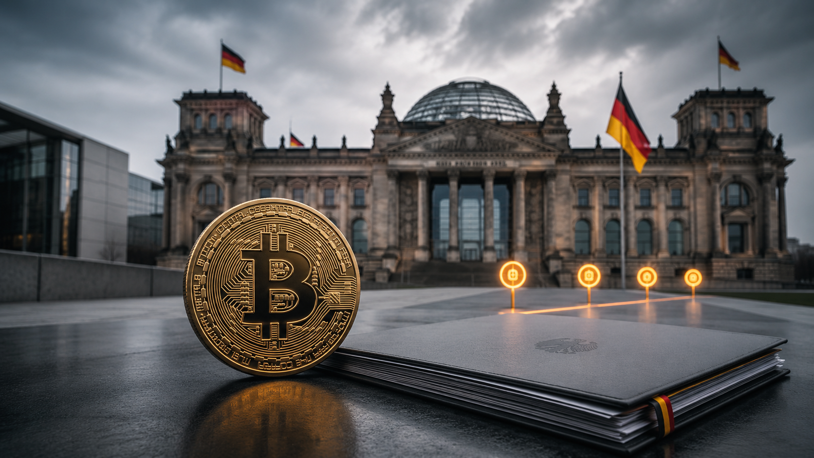 Bitcoin-Münze vor dem Reichstagsgebäude neben einer Akte zur geplanten Krypto-Steuer in Deutschland
