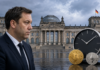 Krypto-Haltefrist: Am 12. August läuft für Klingbeil eine wichtige Frist ab Lars Klingbeil vor dem Reichstag neben einer Bitcoin-Münze und einer Uhr als Symbol für den Zeitdruck bei der geplanten Krypto-Steuer.