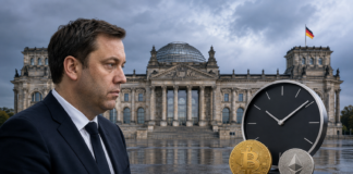 Lars Klingbeil vor dem Reichstag neben einer Bitcoin-Münze und einer Uhr als Symbol für den Zeitdruck bei der geplanten Krypto-Steuer.