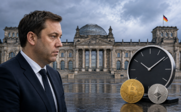 Lars Klingbeil vor dem Reichstag neben einer Bitcoin-Münze und einer Uhr als Symbol für den Zeitdruck bei der geplanten Krypto-Steuer.