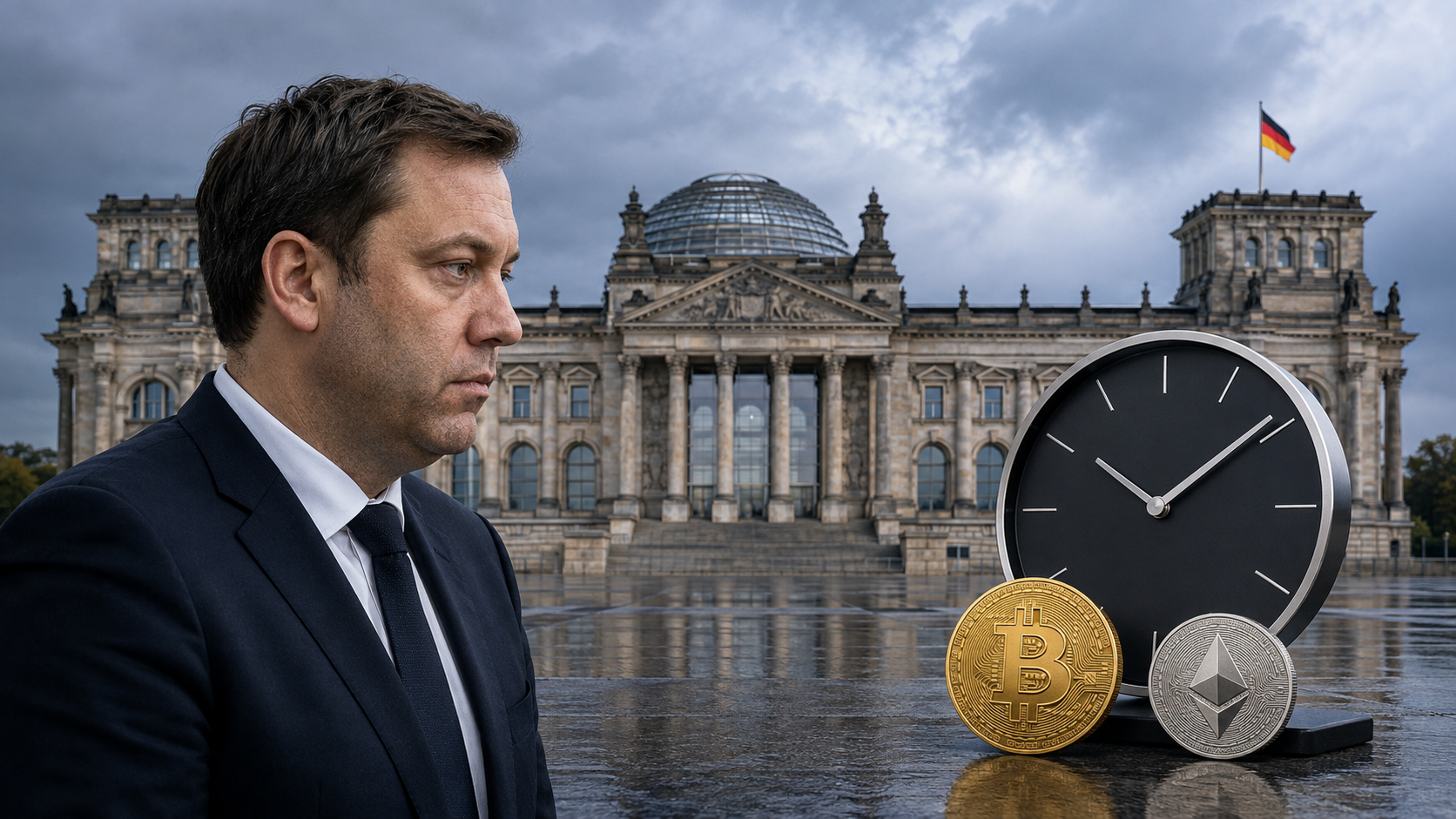 Lars Klingbeil vor dem Reichstag neben einer Bitcoin-Münze und einer Uhr als Symbol für den Zeitdruck bei der geplanten Krypto-Steuer.
