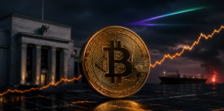 Goldene Bitcoin-Münze vor einem Zentralbankgebäude und einem Öltanker mit steigender Kurslinie