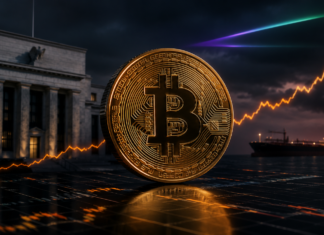 Goldene Bitcoin-Münze vor einem Zentralbankgebäude und einem Öltanker mit steigender Kurslinie