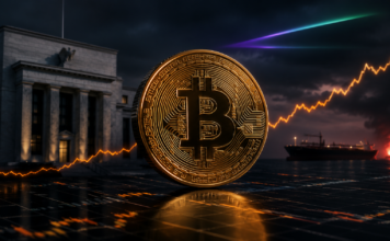 Goldene Bitcoin-Münze vor einem Zentralbankgebäude und einem Öltanker mit steigender Kurslinie