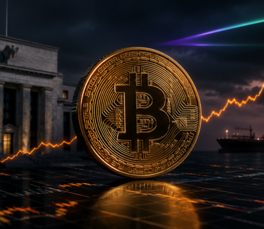 Goldene Bitcoin-Münze vor einem Zentralbankgebäude und einem Öltanker mit steigender Kurslinie
