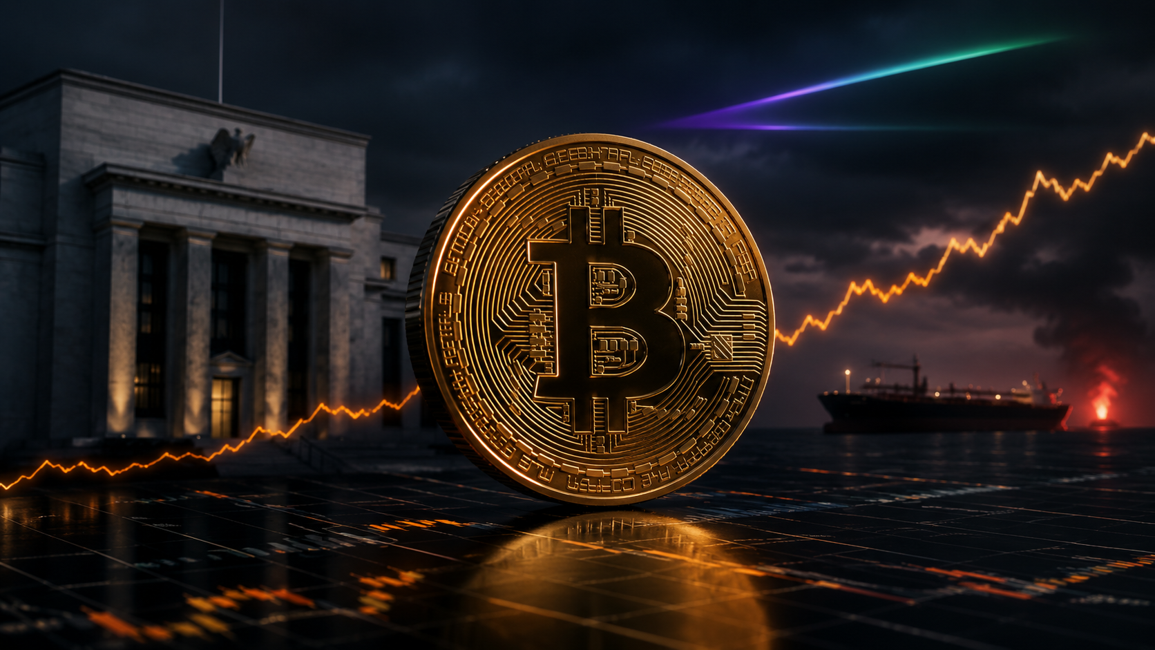 Goldene Bitcoin-Münze vor einem Zentralbankgebäude und einem Öltanker mit steigender Kurslinie