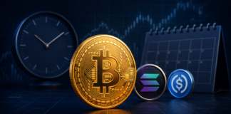 Bitcoin-, Solana- und USDC-Münzen vor einem Kalender, einer Uhr und einem Kurschart