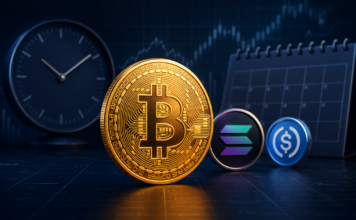 Diese Events werden für Bitcoin, den Clarity Act und Altcoins diese Woche wichtig Bitcoin-, Solana- und USDC-Münzen vor einem Kalender, einer Uhr und einem Kurschart