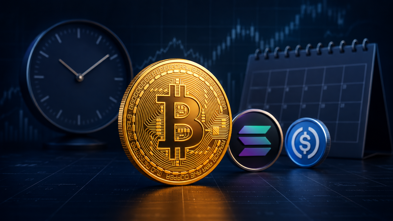 Bitcoin-, Solana- und USDC-Münzen vor einem Kalender, einer Uhr und einem Kurschart