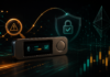 Illustration einer Hardware-Wallet vor dunklem digitalen Hintergrund mit Ethereum-Symbol, Warnhinweis und Schutzschild als Sinnbild für eine erkannte und behobene Sicherheitslücke.