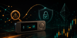 Illustration einer Hardware-Wallet vor dunklem digitalen Hintergrund mit Ethereum-Symbol, Warnhinweis und Schutzschild als Sinnbild für eine erkannte und behobene Sicherheitslücke.
