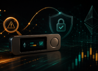 Illustration einer Hardware-Wallet vor dunklem digitalen Hintergrund mit Ethereum-Symbol, Warnhinweis und Schutzschild als Sinnbild für eine erkannte und behobene Sicherheitslücke.