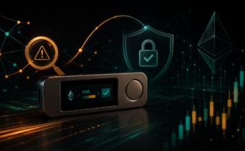 Illustration einer Hardware-Wallet vor dunklem digitalen Hintergrund mit Ethereum-Symbol, Warnhinweis und Schutzschild als Sinnbild für eine erkannte und behobene Sicherheitslücke.