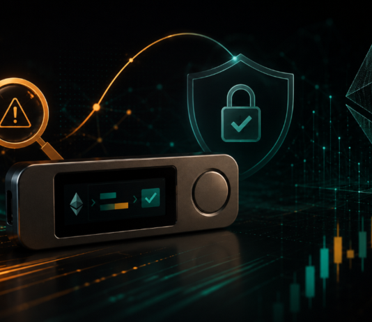 Illustration einer Hardware-Wallet vor dunklem digitalen Hintergrund mit Ethereum-Symbol, Warnhinweis und Schutzschild als Sinnbild für eine erkannte und behobene Sicherheitslücke.