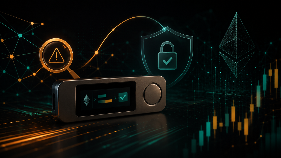 Illustration einer Hardware-Wallet vor dunklem digitalen Hintergrund mit Ethereum-Symbol, Warnhinweis und Schutzschild als Sinnbild für eine erkannte und behobene Sicherheitslücke.