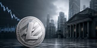 Große Litecoin-Münze vor Bankgebäude und fallendem Kurschart in dunkler Finanzkulisse.