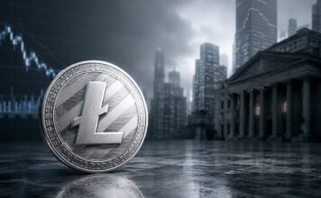 Große Litecoin-Münze vor Bankgebäude und fallendem Kurschart in dunkler Finanzkulisse.
