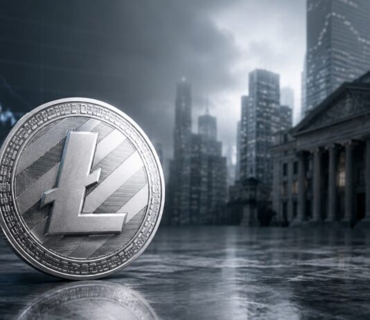 Große Litecoin-Münze vor Bankgebäude und fallendem Kurschart in dunkler Finanzkulisse.