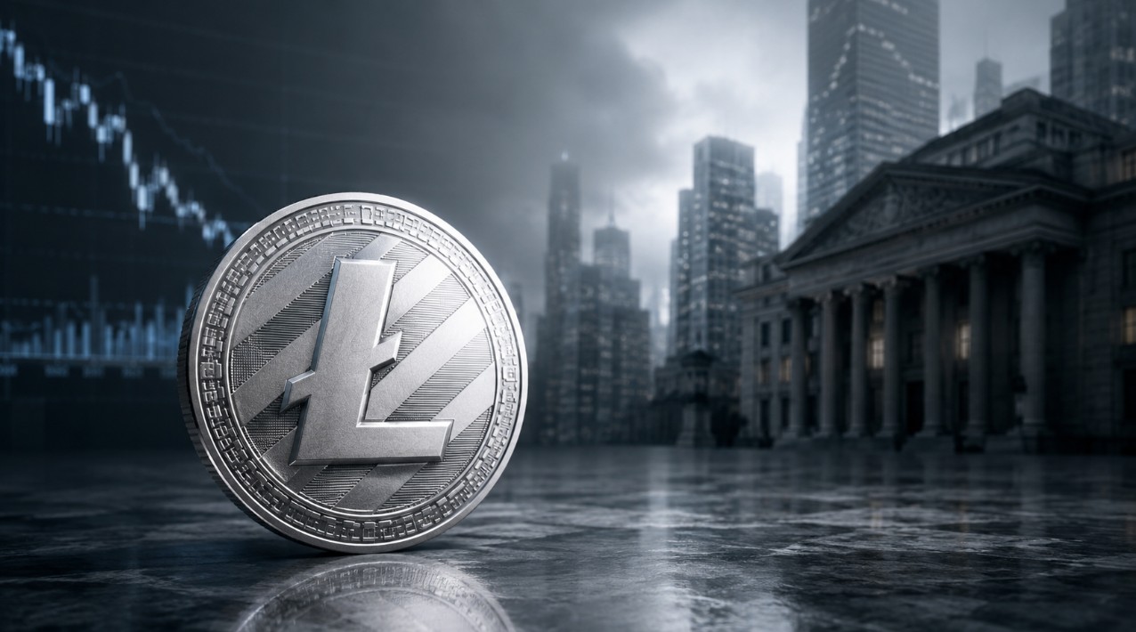 Große Litecoin-Münze vor Bankgebäude und fallendem Kurschart in dunkler Finanzkulisse.