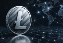 Alt-Tag: Silberne Litecoin-Münze vor einem digitalen Blockchain-Netzwerk mit Weltkarte