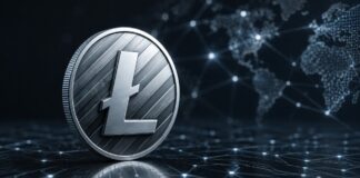 Litecoin verbessert Privatsphäre und bereitet Ethereum-Kompatibilität vor Alt-Tag: Silberne Litecoin-Münze vor einem digitalen Blockchain-Netzwerk mit Weltkarte