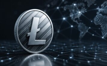 Litecoin verbessert Privatsphäre und bereitet Ethereum-Kompatibilität vor Alt-Tag: Silberne Litecoin-Münze vor einem digitalen Blockchain-Netzwerk mit Weltkarte