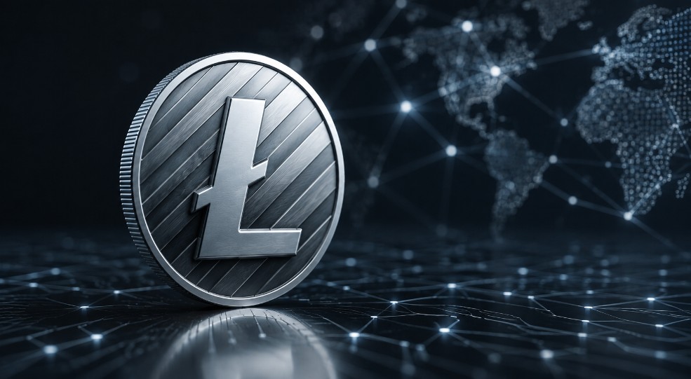 Alt-Tag: Silberne Litecoin-Münze vor einem digitalen Blockchain-Netzwerk mit Weltkarte