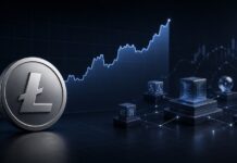 Litecoin-Münze vor steigendem Kursdiagramm und einem vernetzten Blockchain-System für Smart Contracts und Oracles.