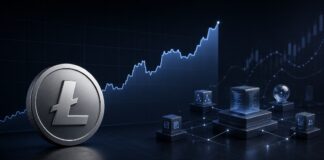 Litecoin-Münze vor steigendem Kursdiagramm und einem vernetzten Blockchain-System für Smart Contracts und Oracles.