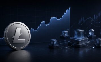 Litecoin-Münze vor steigendem Kursdiagramm und einem vernetzten Blockchain-System für Smart Contracts und Oracles.