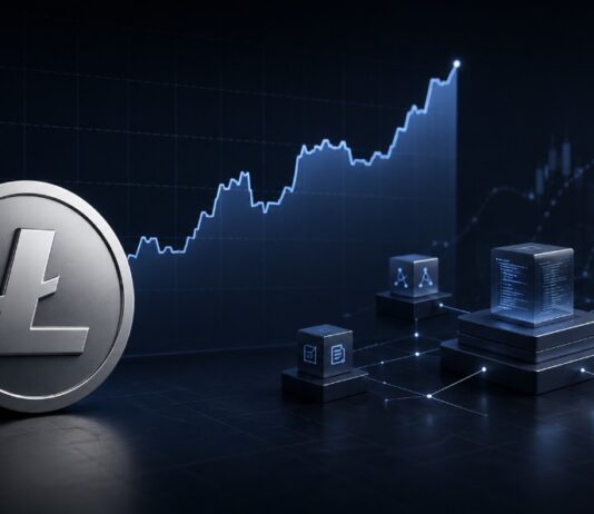 Litecoin-Münze vor steigendem Kursdiagramm und einem vernetzten Blockchain-System für Smart Contracts und Oracles.