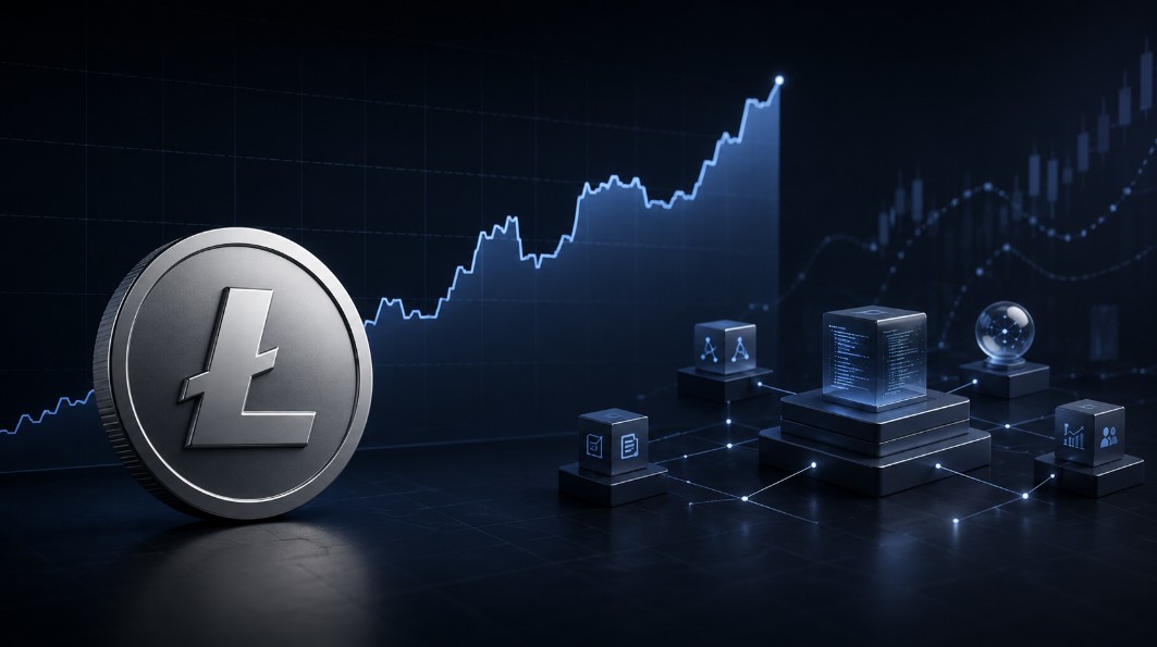 Litecoin-Münze vor steigendem Kursdiagramm und einem vernetzten Blockchain-System für Smart Contracts und Oracles.