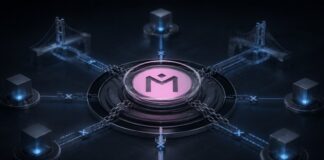 MANTRA Chain stoppt Netzwerk wegen ungeklärtem Vorfall Illustration einer gestoppten Blockchain: Das MANTRA-Logo liegt zentral unter einer gläsernen Abdeckung und wird von Ketten fixiert, während verbundene Knoten und unterbrochene Netzwerkpfade in dunklen Blautönen den Stillstand des Netzwerks zeigen.
