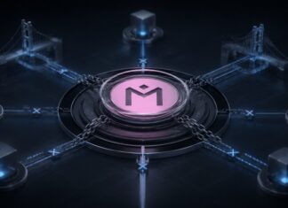 Illustration einer gestoppten Blockchain: Das MANTRA-Logo liegt zentral unter einer gläsernen Abdeckung und wird von Ketten fixiert, während verbundene Knoten und unterbrochene Netzwerkpfade in dunklen Blautönen den Stillstand des Netzwerks zeigen.