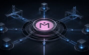 MANTRA Chain stoppt Netzwerk wegen ungeklärtem Vorfall Illustration einer gestoppten Blockchain: Das MANTRA-Logo liegt zentral unter einer gläsernen Abdeckung und wird von Ketten fixiert, während verbundene Knoten und unterbrochene Netzwerkpfade in dunklen Blautönen den Stillstand des Netzwerks zeigen.