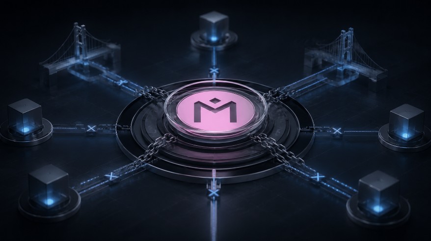 Illustration einer gestoppten Blockchain: Das MANTRA-Logo liegt zentral unter einer gläsernen Abdeckung und wird von Ketten fixiert, während verbundene Knoten und unterbrochene Netzwerkpfade in dunklen Blautönen den Stillstand des Netzwerks zeigen.