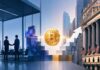 Illustration zur US-Expansion von Metaplanet: Zwei Geschäftsleute mit Handschlag, Bitcoin-Symbol zwischen japanischer Skyline und US-Börsengebäude, dargestellt im schlichten Bloomberg-Stil.