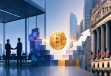Illustration zur US-Expansion von Metaplanet: Zwei Geschäftsleute mit Handschlag, Bitcoin-Symbol zwischen japanischer Skyline und US-Börsengebäude, dargestellt im schlichten Bloomberg-Stil.
