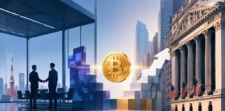 Illustration zur US-Expansion von Metaplanet: Zwei Geschäftsleute mit Handschlag, Bitcoin-Symbol zwischen japanischer Skyline und US-Börsengebäude, dargestellt im schlichten Bloomberg-Stil.