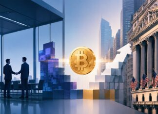 Illustration zur US-Expansion von Metaplanet: Zwei Geschäftsleute mit Handschlag, Bitcoin-Symbol zwischen japanischer Skyline und US-Börsengebäude, dargestellt im schlichten Bloomberg-Stil.