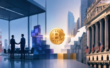 Illustration zur US-Expansion von Metaplanet: Zwei Geschäftsleute mit Handschlag, Bitcoin-Symbol zwischen japanischer Skyline und US-Börsengebäude, dargestellt im schlichten Bloomberg-Stil.