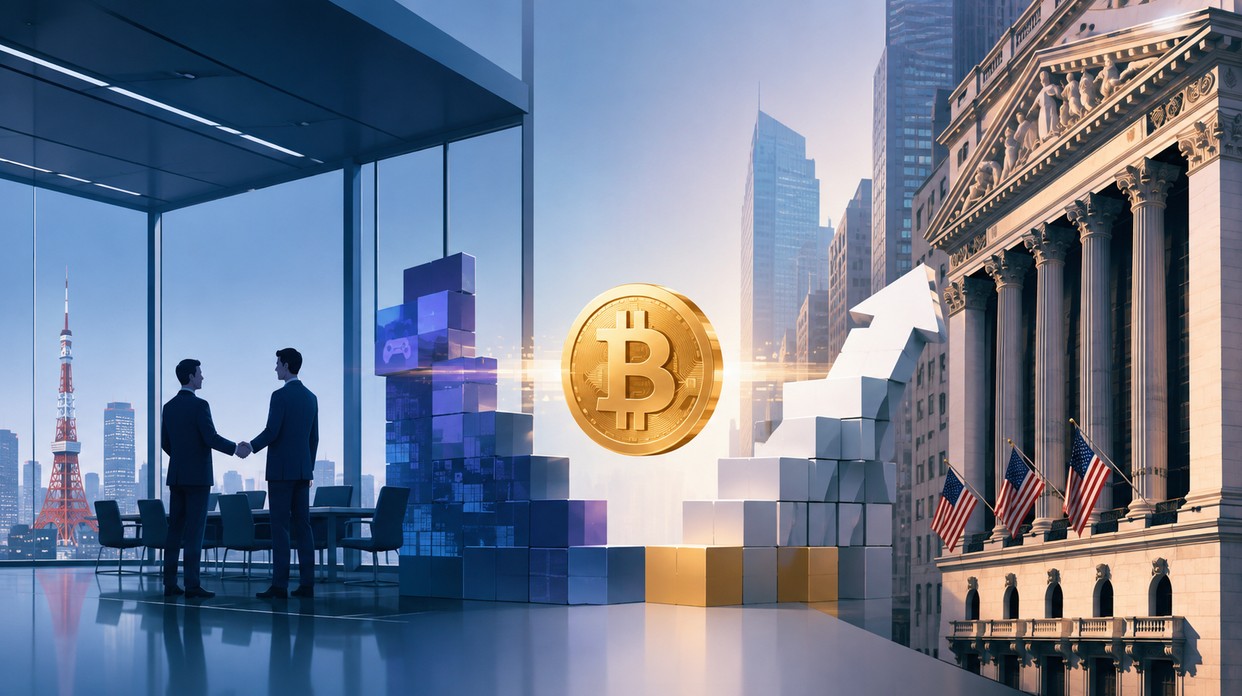 Illustration zur US-Expansion von Metaplanet: Zwei Geschäftsleute mit Handschlag, Bitcoin-Symbol zwischen japanischer Skyline und US-Börsengebäude, dargestellt im schlichten Bloomberg-Stil.
