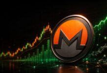 Stilisierte Monero-Münze vor dunklem Hintergrund mit aufsteigendem Kurschart und grünen Marktdaten als Symbol für die starke XMR-Rallye.