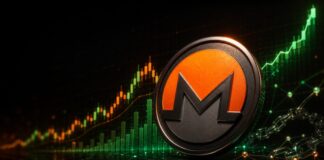 Stilisierte Monero-Münze vor dunklem Hintergrund mit aufsteigendem Kurschart und grünen Marktdaten als Symbol für die starke XMR-Rallye.
