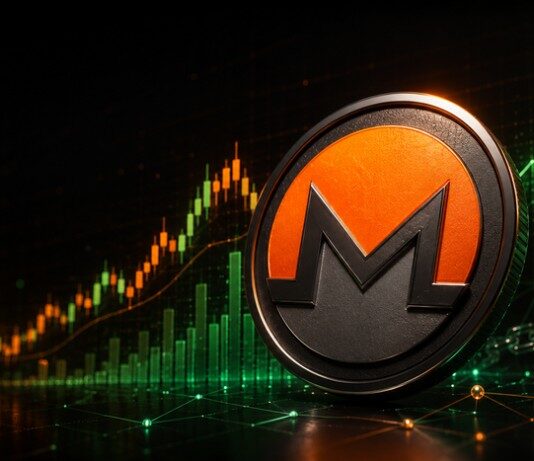 Stilisierte Monero-Münze vor dunklem Hintergrund mit aufsteigendem Kurschart und grünen Marktdaten als Symbol für die starke XMR-Rallye.