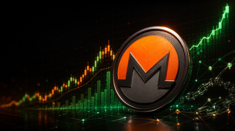Stilisierte Monero-Münze vor dunklem Hintergrund mit aufsteigendem Kurschart und grünen Marktdaten als Symbol für die starke XMR-Rallye.