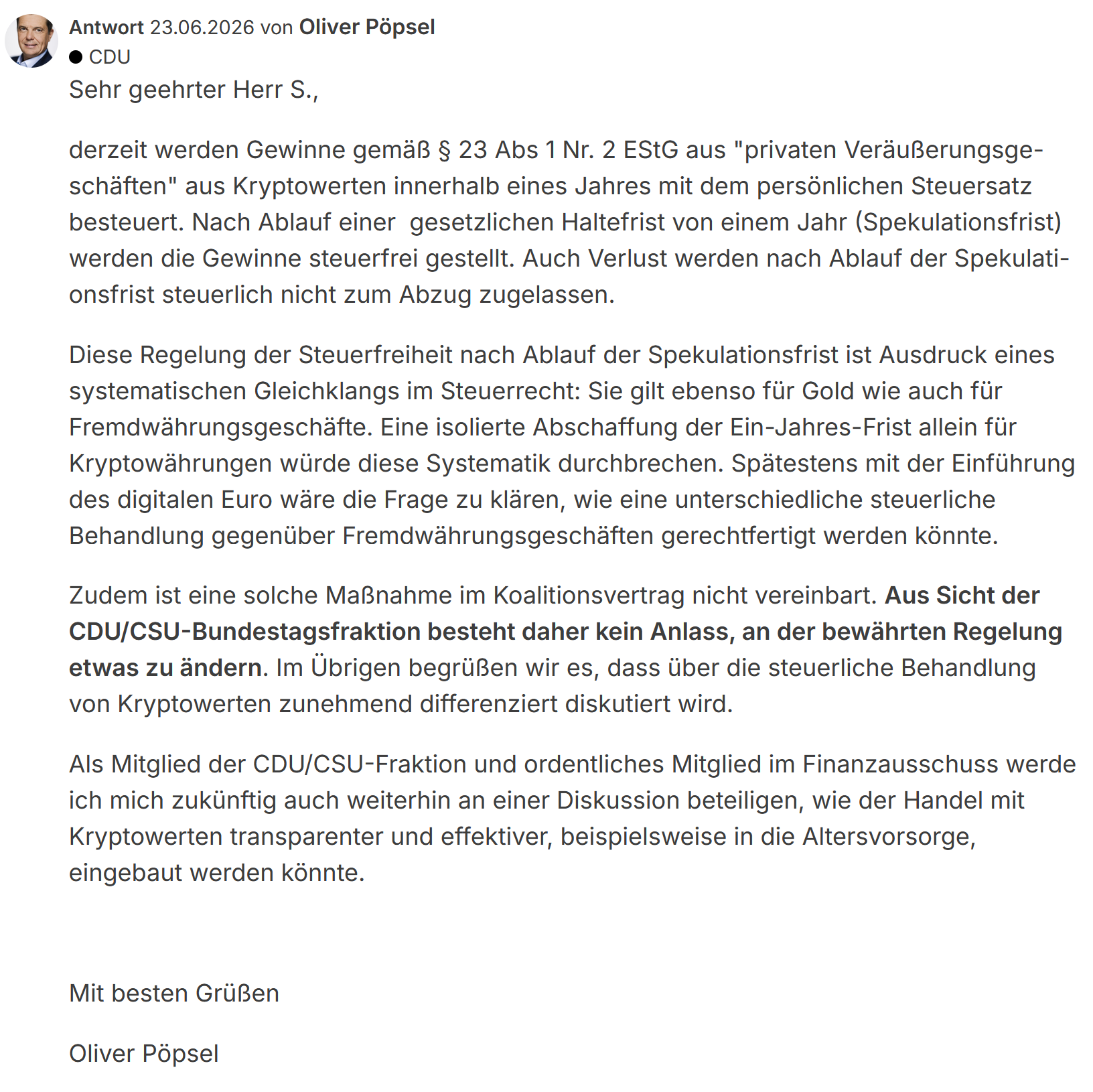 Stellungnahme von Oliver Pöpsel