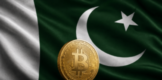Goldene Bitcoin-Münze vor der grün-weißen Flagge Pakistans