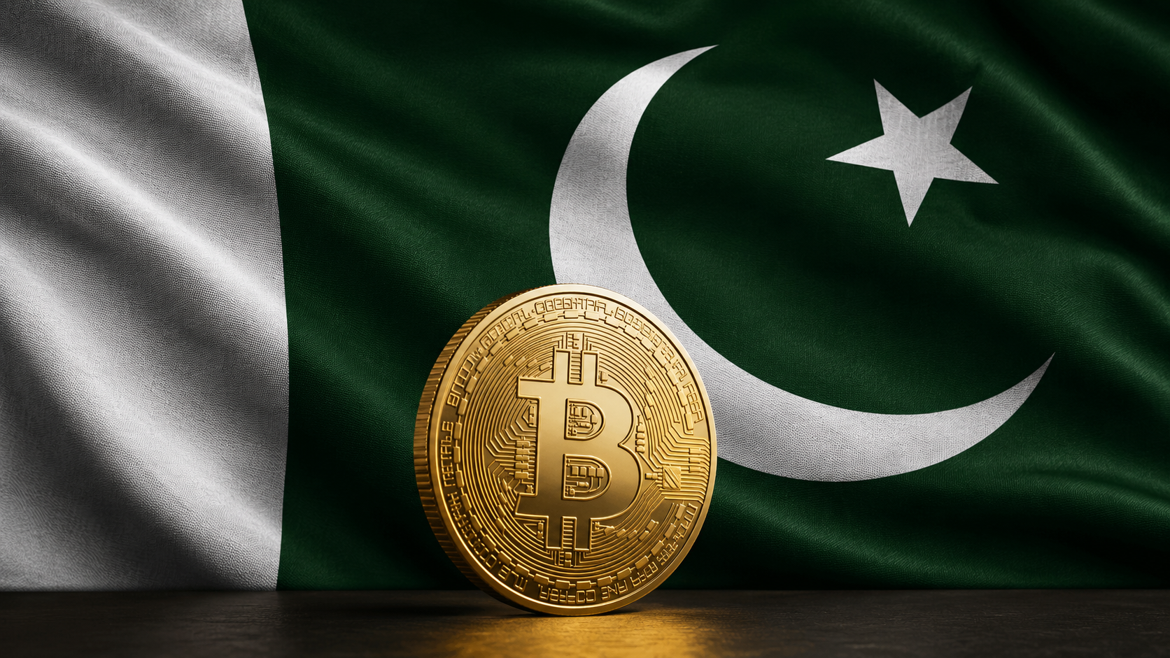 Goldene Bitcoin-Münze vor der grün-weißen Flagge Pakistans