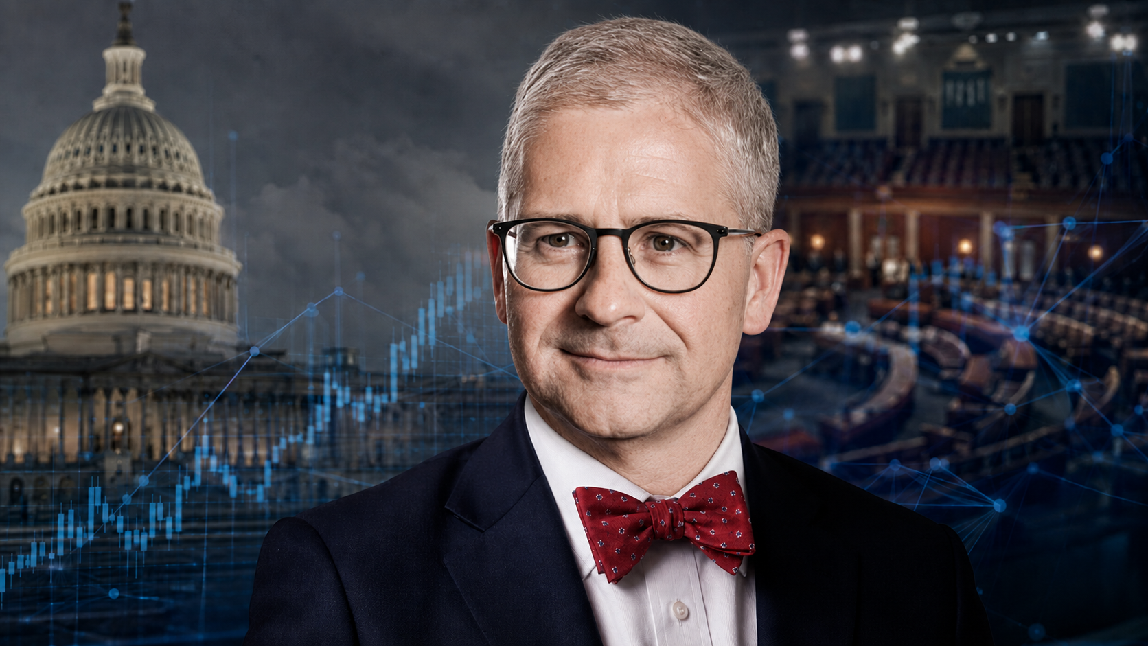 Patrick McHenry vor dem US-Kapitol und dem Senat mit digitaler Marktgrafik